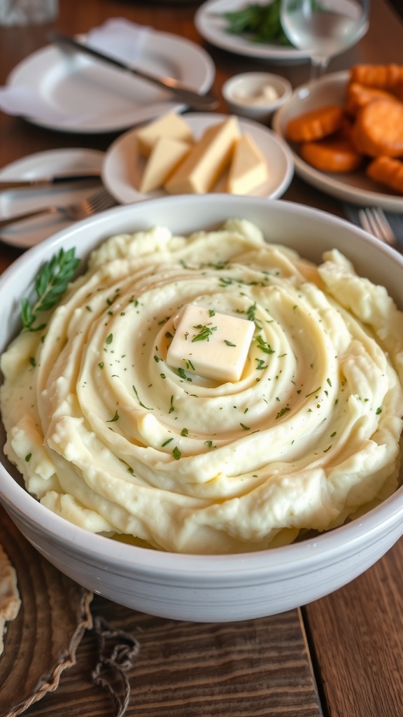 A large bowl of creamy mashed potatoes with butter and herbs on a rustic table.